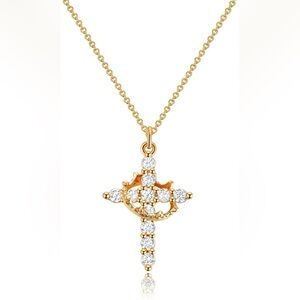 Elegant Gold Cross Pendant Necklace 14K Gold Plated Crown Cross Pendant Necklace